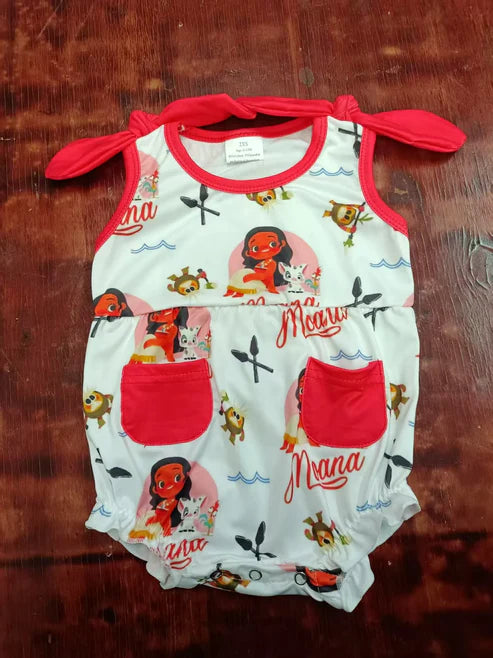 4.26 Preorder Moq 3 Baby Girls Red Strap Cartoon Moana Pockets Ruffle Rompers