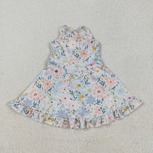 5.15 GSD2281 Baby Girls Aqua Strap Floral Yoga Ruffle Knee Length Dress