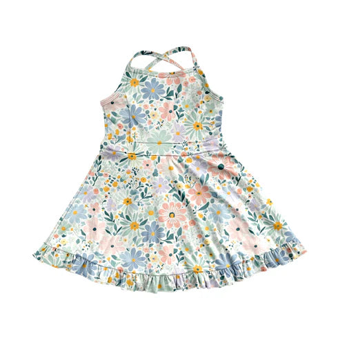 3.31  GSD2281 Baby Girls Aqua Strap Floral Yoga Ruffle Knee Length Dresses Preorder