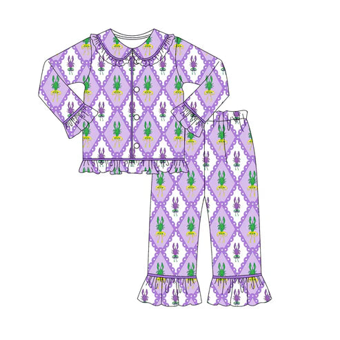 10.20  GLP2947 Baby Girls Purple Checked Crayfishes Button Top Ruffle Pants Maedigras Pajamas Sets Preorder