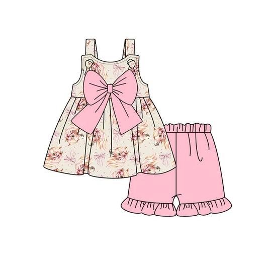 L-3.4 GSSO2100 Baby Girls Pink Western Horse Bows Tunic Top Ruffle Shorts Clothes Sets preorder