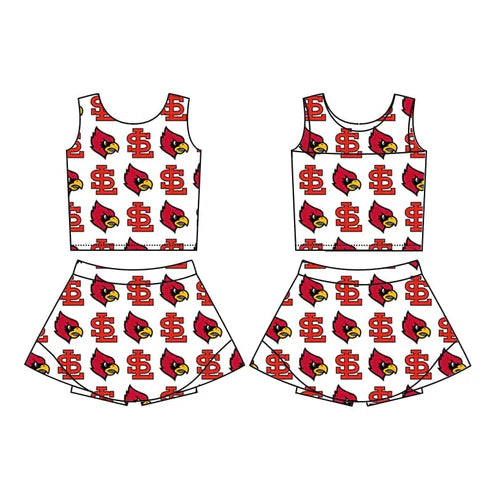 4.30  Custom Baby Girls Sleeveless Red SL Birds Top Skorts Set (MOQ 3)