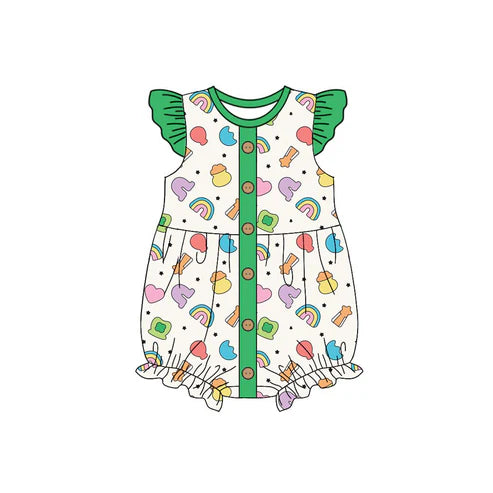 10.21 SR3275 Baby Girls Flutter Sleeve Clovers Rainbows St Patrick Button Ruffle Rompers Preorder