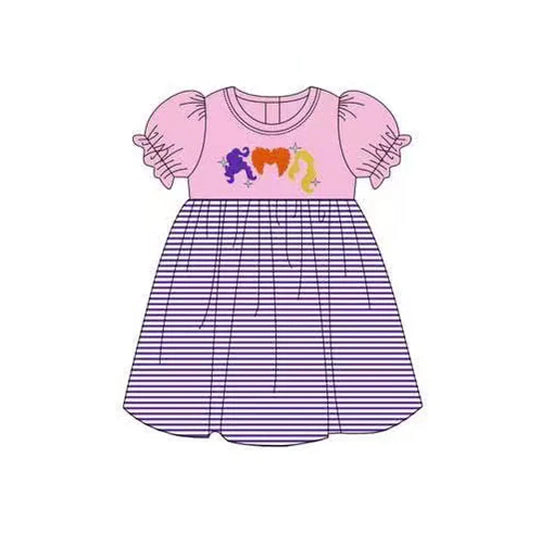 6.12   GSD2611 Baby Girls Short Ruffle Sleeves Princess Hair Pink Stripe Ruffle Knee Length Dresses Preorder