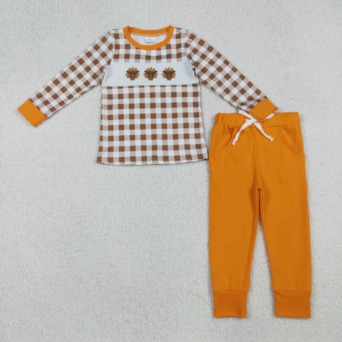 10.7 BLP1186 Embroidery Baby Boys Orange Plaid Long Sleeves Turkey Top Pockets Legging Pant Set