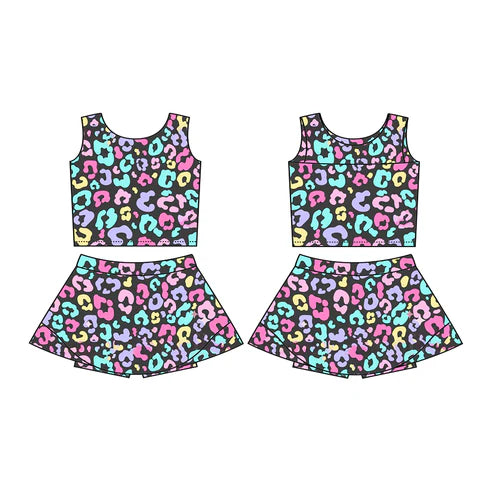 3.19 GSD2176 Baby Girls Purple Colorful Leopard Yoga Vest Skort Active Wear Sets Preorder