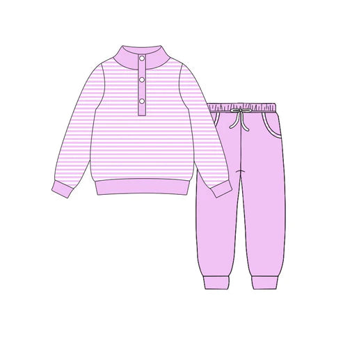 10.27 GLP3021 Baby Girls Pink Stripe Button Top Pockets Jogger Clothes Sets Preorder