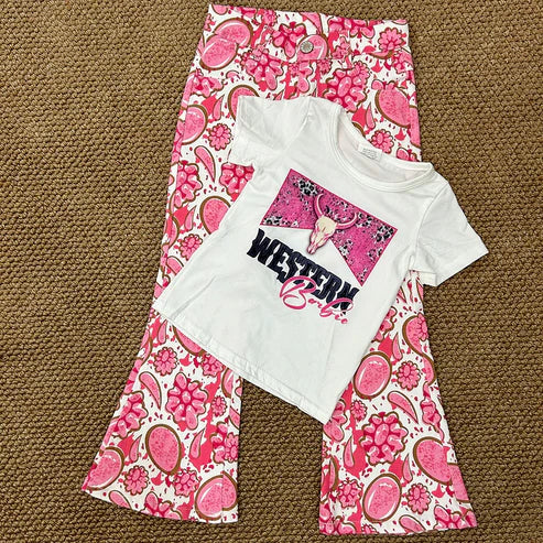 3.19  GT0134+P0735 Baby Girls Western Doll Shirt Pink Bell Denim Pants Clothes Set