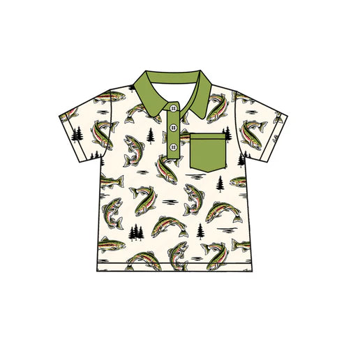 6.18 BT1245 Baby Boys Green Short Sleeves Fishes Button Pockets Polo Shirts Top Preorder