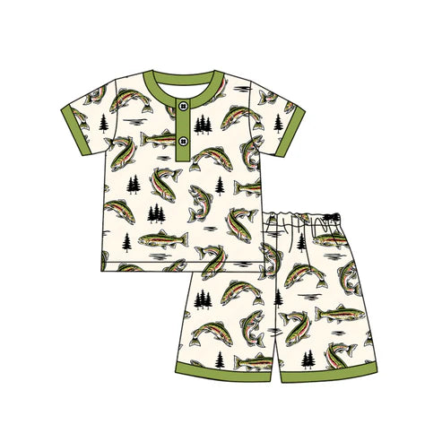6.18 BSSO1528 Baby Boys Green Short Sleeves Fishes Button Top Short Pajamas Hunting Set Preorder