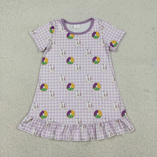 12.13 GSD2900 Baby Girls Mardigras Boots Donuts Checked Ruffle Knee Length Dress