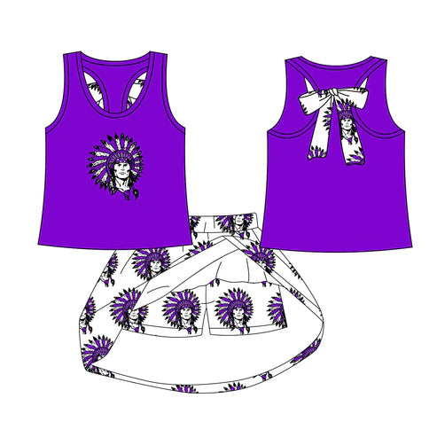 8.1 Custom Moq 5 Baby Girls Purple Indians bow vest team Top Skirt Skort Sets