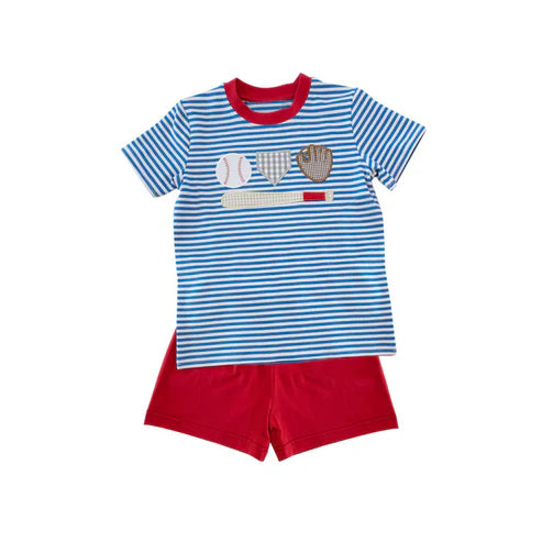 3.20 BSSO1406 Baby Boys Blue Stripe Short Sleeves Baseballs Shirt Red Shorts Sets preorder