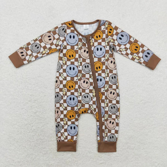 4.8 bamboo rts no moq LR0961 Modal smiley face lightning brown plaid zipper long-sleeved jumpsuit