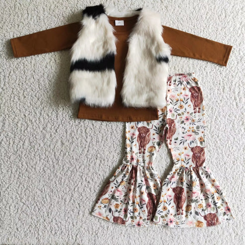 8.7 6 A21-13+GLP0277 baby girls Brown Shirt Heifer Cow Bell White fur vest 3pcs pants sets