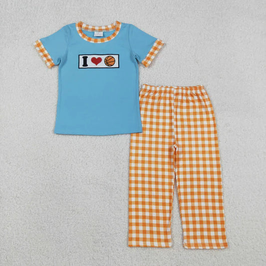 12.13 BSPO0619 Embroidery I Love Basketball Baby Boys Top Checked Pants Team Clothes Set