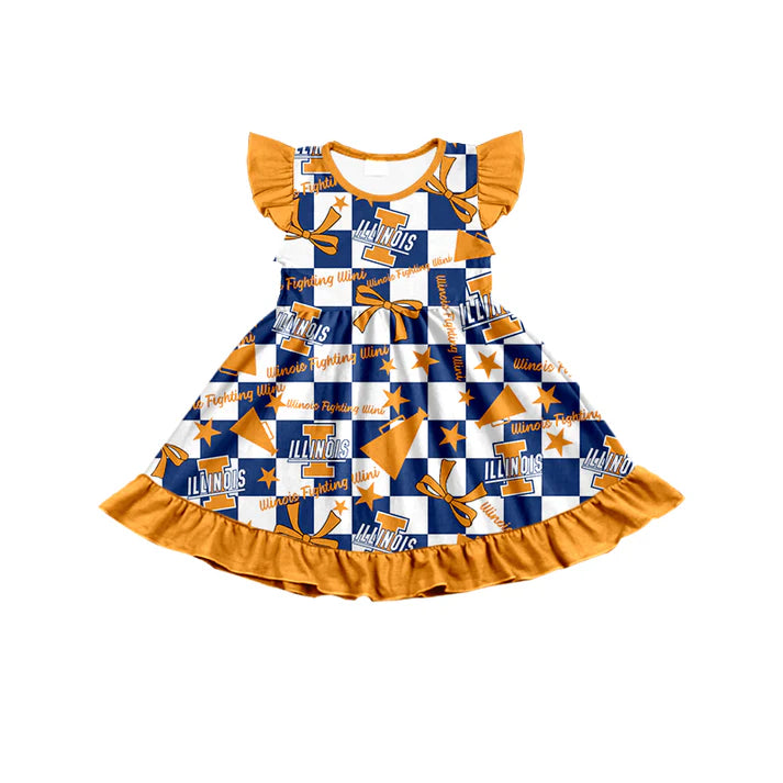 7.8 Custom Moq 3 Baby Girls Flutter Sleeves lllinois Plaid Bows Team Knee Length Dresses