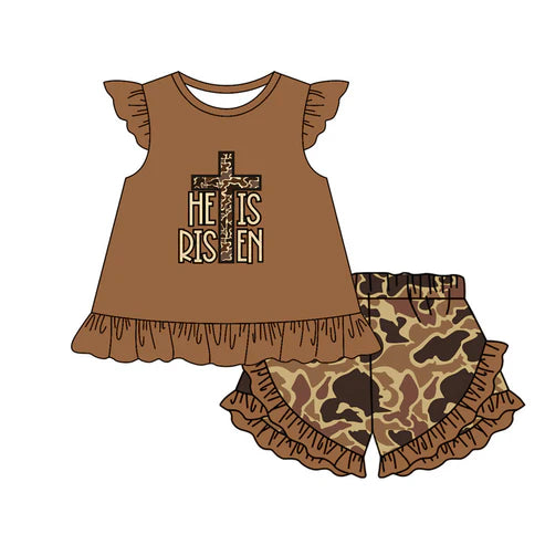 GSSO1699 Baby Girls He Is Risen Cross Camo Tunic Ruffle Shorts Clothes Sets Preorder