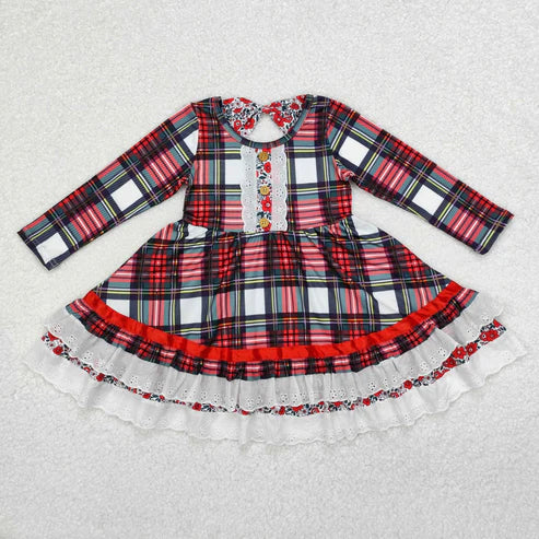 GLD0838 Baby Girls Christmas Green Red Checkered Ruffle Knee Length Dress