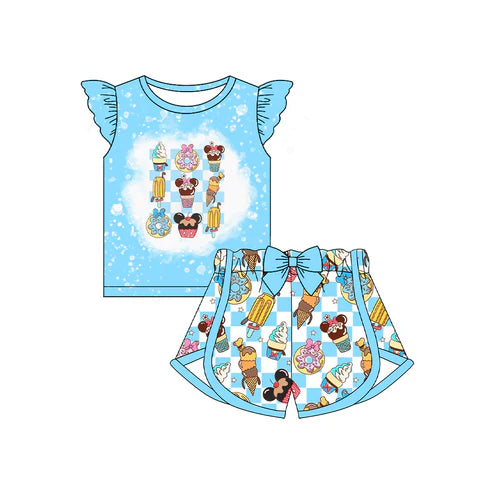 4.24  GSSO2589 Baby Girls Blue Flutter Sleeves Cartoon Mouse Ice Cream Top Plaid Short Set Preorder