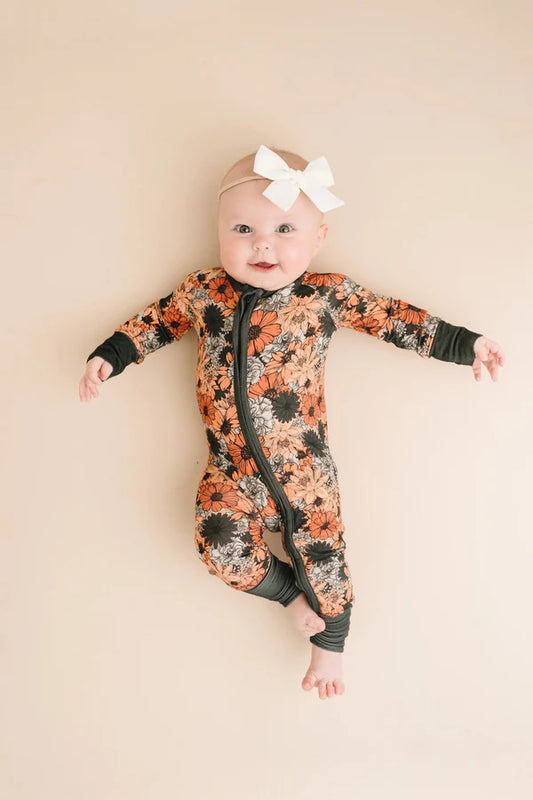 5.29 LR1973 Baby Infant Girls Dark Green Flowers Zip Rompers preorder