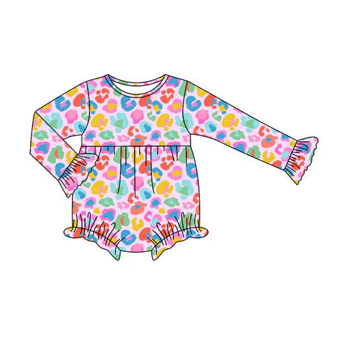 7.30 LR2430 Baby Girls Long Sleeves Colorful Leopard Ruffle Rompers Preorder