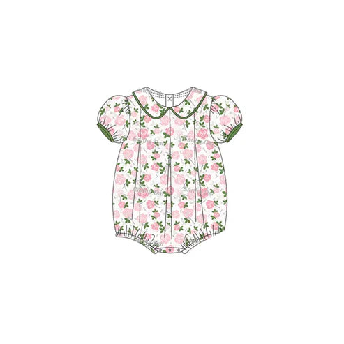 3.22  SR2930 Baby Infant Girls Short Ruffle Sleeves Pink Floral Ruffle Rompers Preorder
