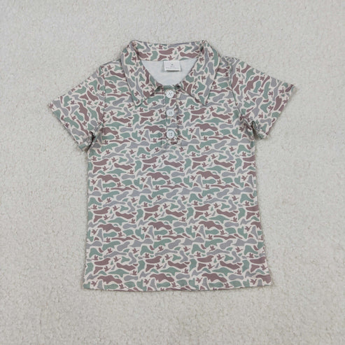 12.3 BT1354 Baby Boys Short Sleeves Green Ducks Camo Button Polo Shirts Top