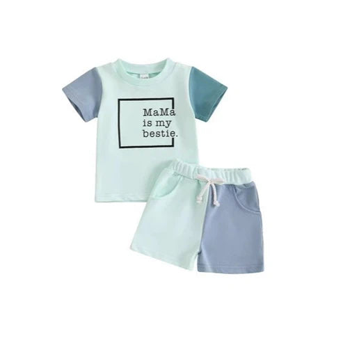 4.16 BSSO1478 Baby Boys Blue Short Sleeves Mama Is My Bestie Top Pockets Short Set Preorder