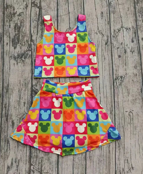 8.8 Custom Moq 5 Baby Girls Colorful Mouse Plaid Vest Top Skorts Clothing Sets