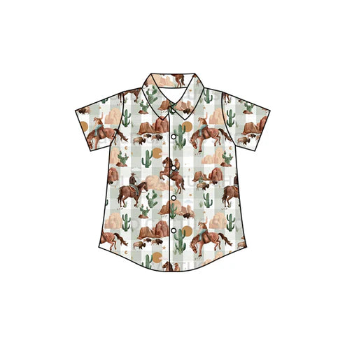 Baby Boys Western Cow Cactus Buttons Tee Shirts Tops Preorder