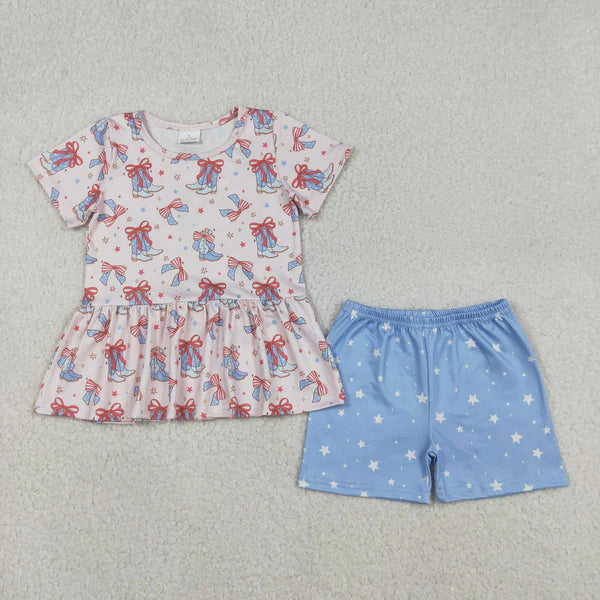 12.13 GSSO2837 Baby Girls Bows Boots Stars Tunic Shorts Western July 4th Clothes Set