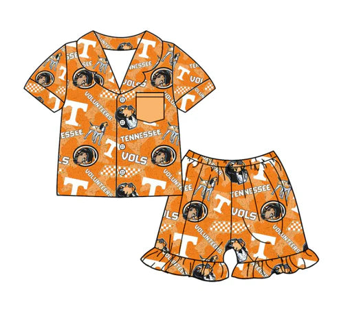6.23 Custom Moq 3 Baby Girls Short Sleeves Orange Vols Dogs Button Pocket Top Ruffle Shorts Team Pajamas Set