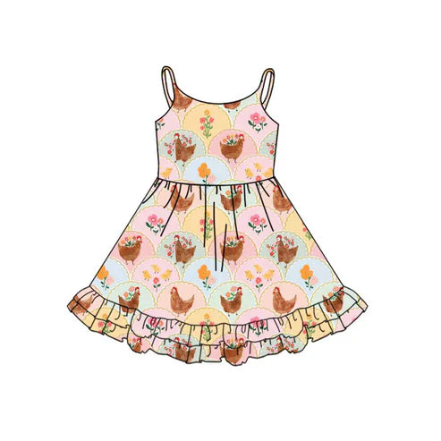 10.20 GSD2855 Baby Girls Strap Flowers Chicks Checked Ruffle Knee Length Dresses Preorder