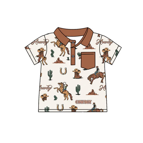 3.25BT1209 Baby Boys Short Sleeves Button Pocket Horse Rodeo Cactus Polo Shirts Top Preorder
