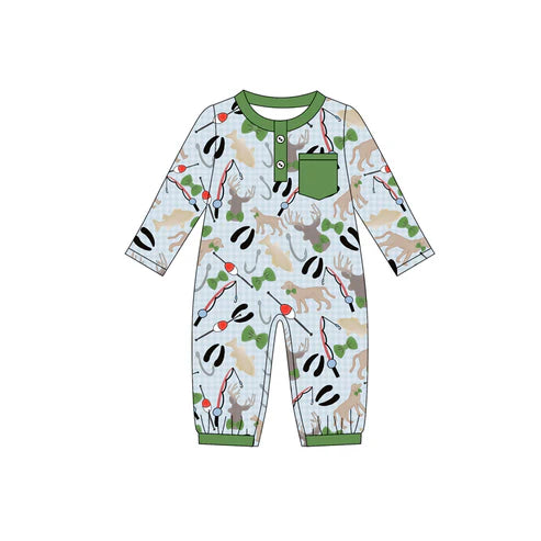 8.14 LR2564 Baby Boys Green Pocket Button Fishing Footie Rompers Preorder