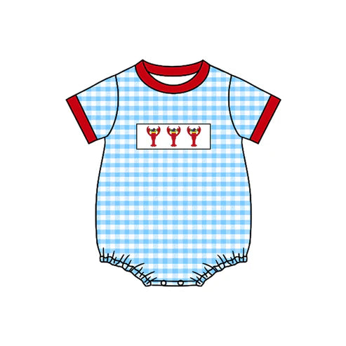 10.2 SR3257 Baby Boys Blue Checked Mardigras Crayfishes Rompers Preorder