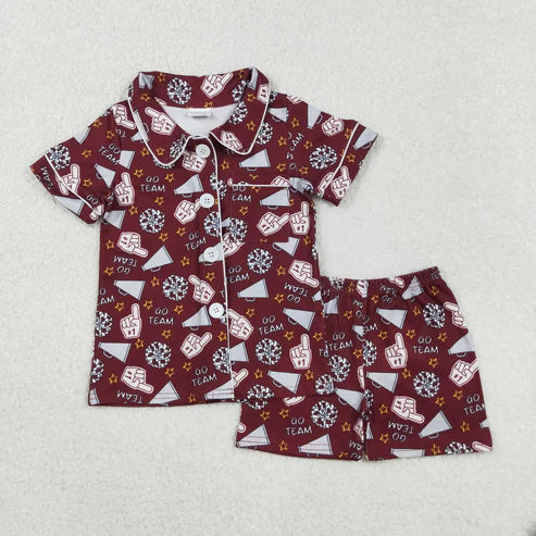 8.29 GSSO2678 Baby Girls Dark Red Shot Sleeves Team Cheer Button Top Short Pajamas Set