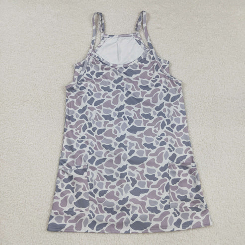 8.13 GSD2733 Adult Women Strap Gray Camo Pockets Yoga Shorts Dress
