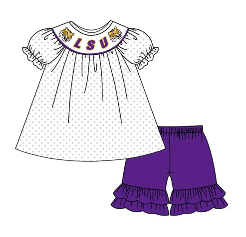 5.6 Baby Girls LSU Tiger Tunic Team Ruffle Shorts Clothes Sets Preorder (moq 3)