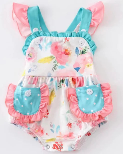 5.8 Girls flower pocket short sleeve onesie