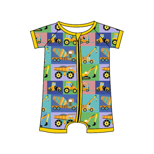 10.21  SR3268 Baby Boys Excavators Checked Shorts Zipper Rompers Preorder