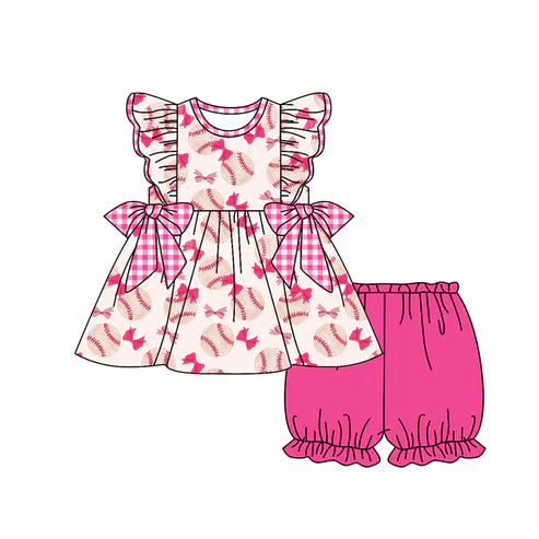 GSSO1686 Baby Girls Pink Baseball Bows Shirts Elastic Shorts Clothes Sets Preorder