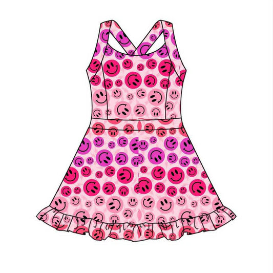6.12 GSD2656 Baby Girls Hot Pink Strap Smiles Plaid Yoga Ruffle Knee Length Dresses Preorder
