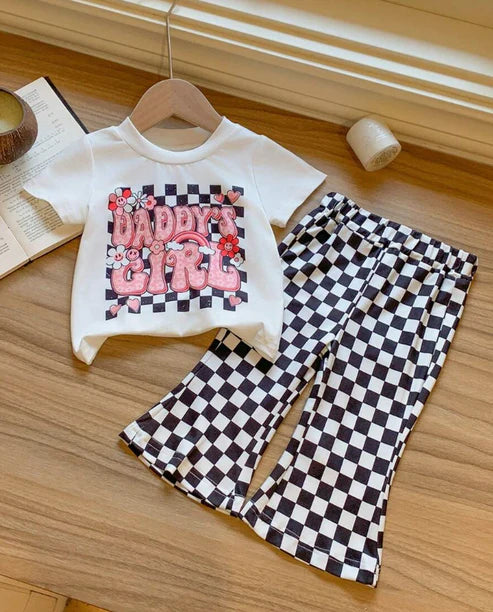 3.25 GSPO2011 Baby Girls Short Sleeves Daddy's Girl Top Black Plaid Bell Bottom Pant Set Preorder