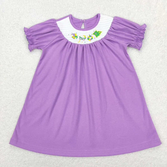 GSD0502smocked embroidered carnival mask purple and white short-sleeved dress