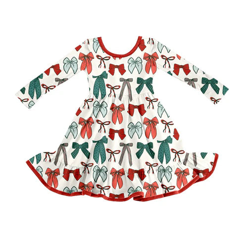 8.7 GLD1250 Baby Girls Green Red Bows Plaid Christmas Ruffle Knee Length Dresses Preorder