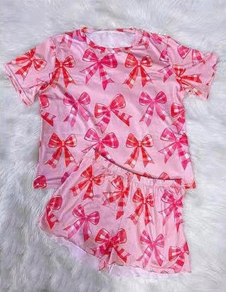 4.16 GSSO2528 Baby Girls Pink Short Sleeves Bows Top Short Pajamas Set Preorder