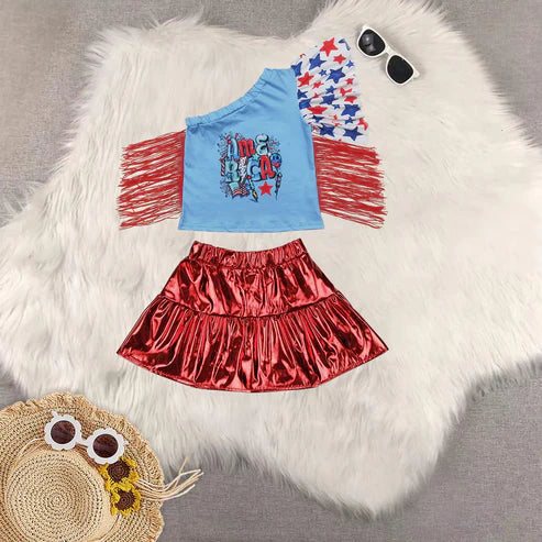4.29 Sibling Baby Girls Short Sleeves Cow Stars Top Red Leather Skirts Western 4th Of July Sets
