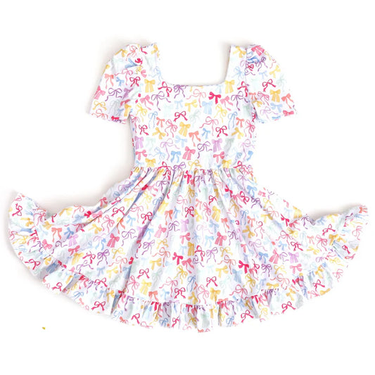 6.12 GSD2606 Baby Girls Short Sleeves Pink Bows Ruffle Knee Length Dresses Preorder